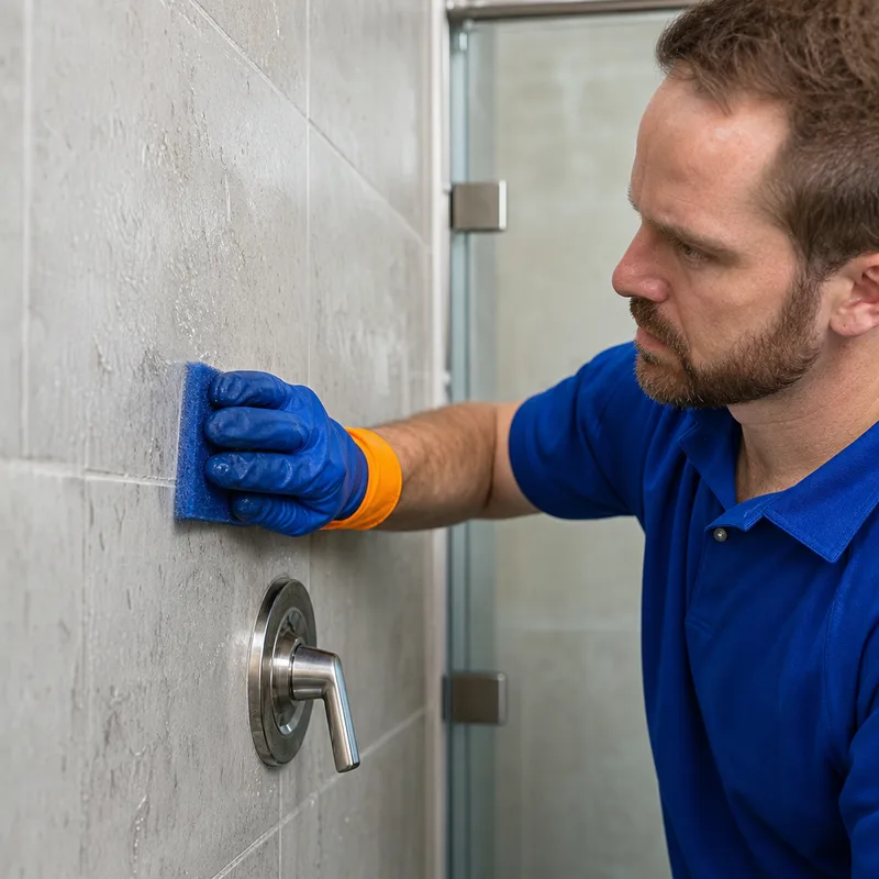 Cleaner detailing a bathroom shower wall and fixtures with a non-scratch pad