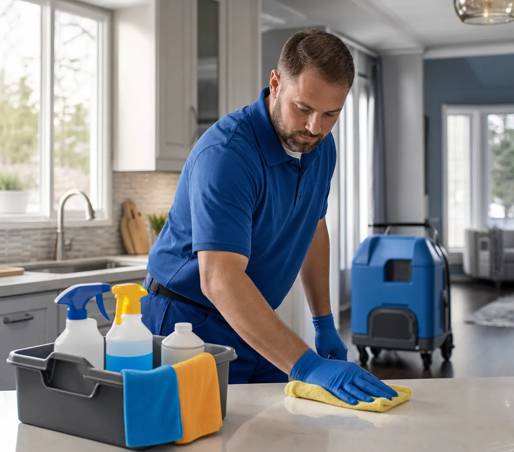 Cleaner wiping down a bright kitchen counter in a Waukesha-area home with supplies neatly staged