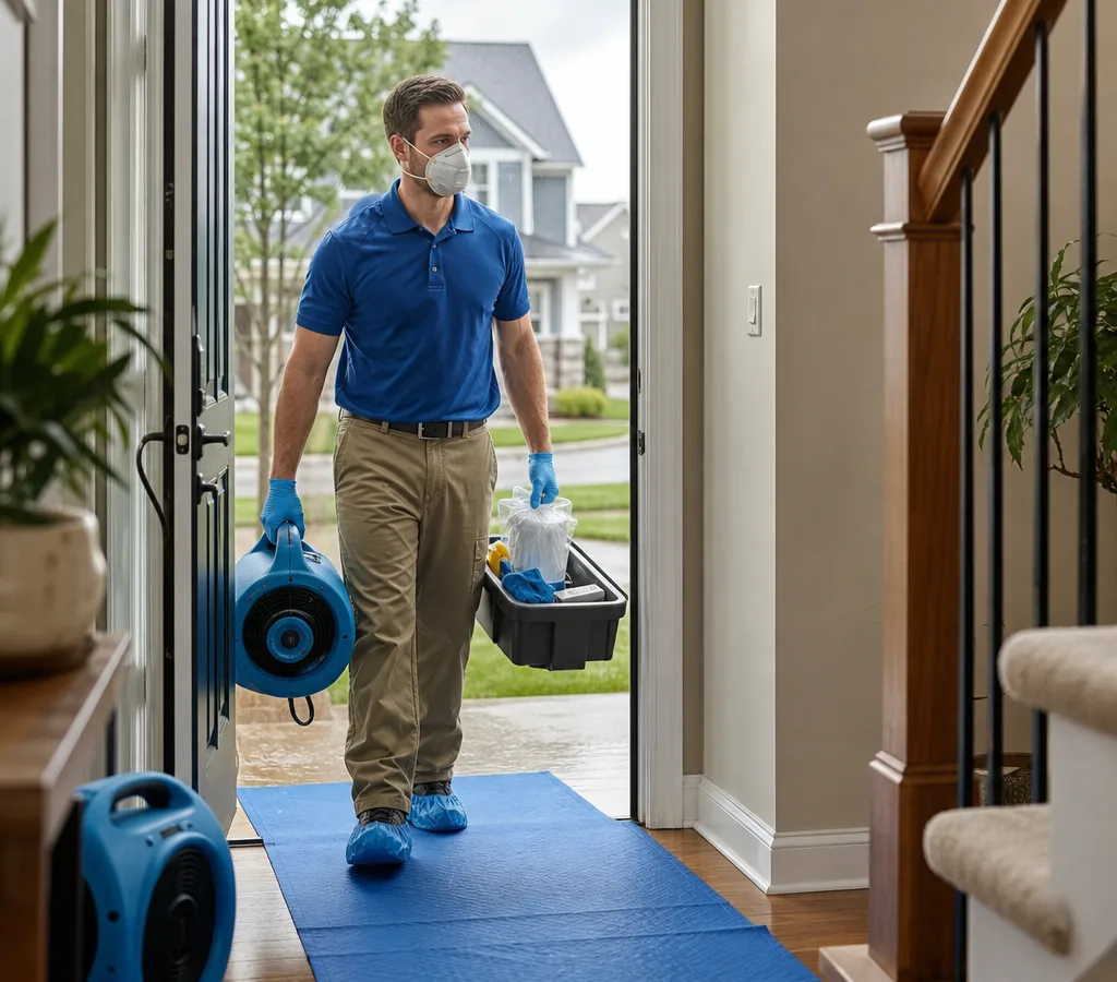 Technician carrying cleaning supplies into a Waukesha residence while using PPE and floor protection
