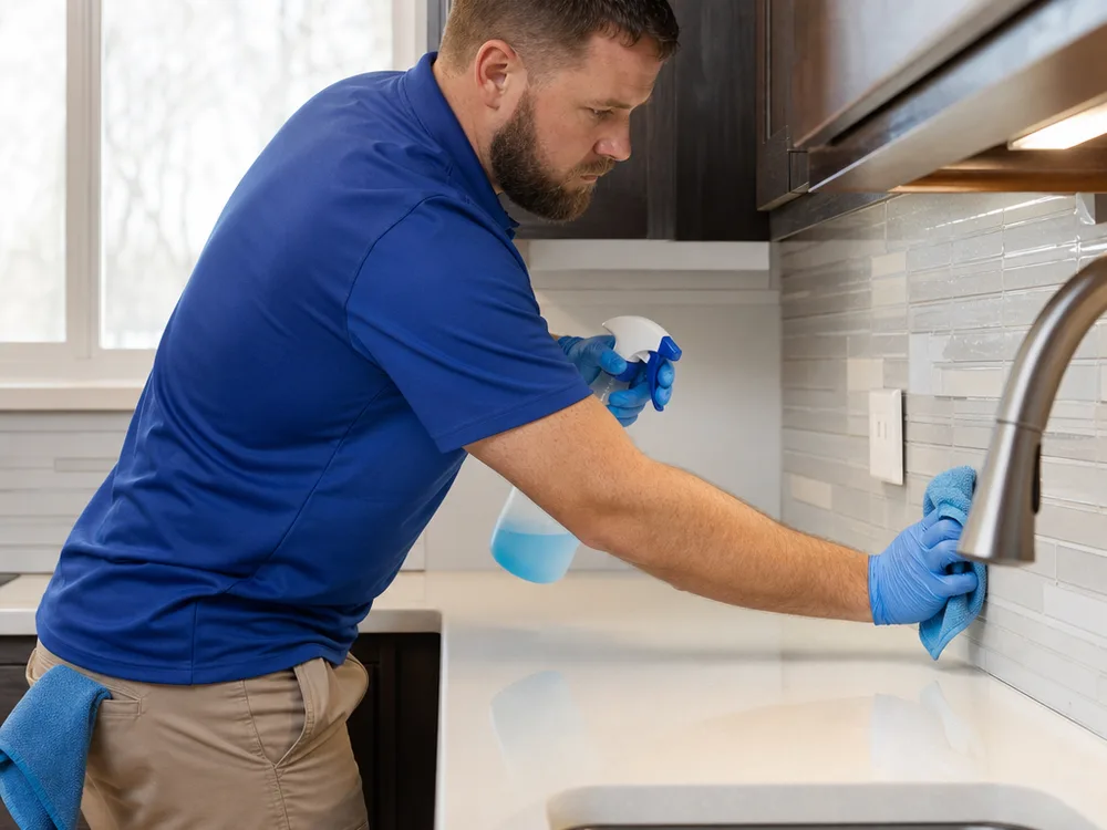 Technician cleaning a kitchen counter and backsplash using labeled surface-safe products and microfiber cloths