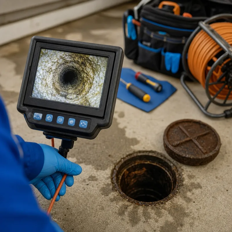 Drain inspection camera monitor showing buildup inside a line beside a cleanout and neatly arranged tools