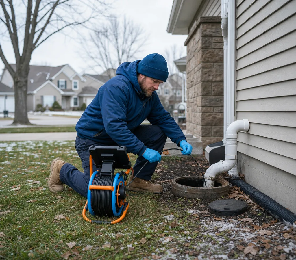 Technician using a drain cable and inspection camera at a residential cleanout outside a Midwest home