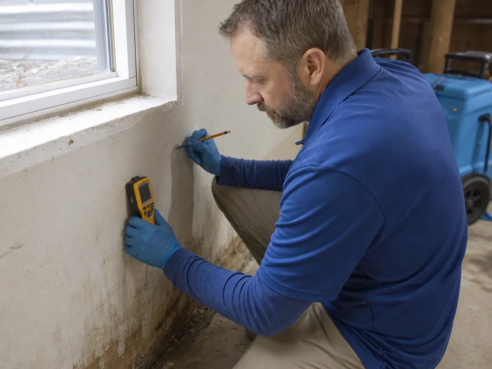 Inspector taking a moisture reading on drywall near a basement window and documenting the area