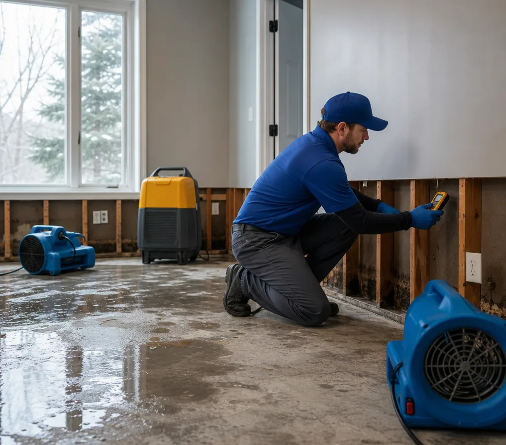 Technician assessing water damage in a Waukesha home with a moisture meter and air movers