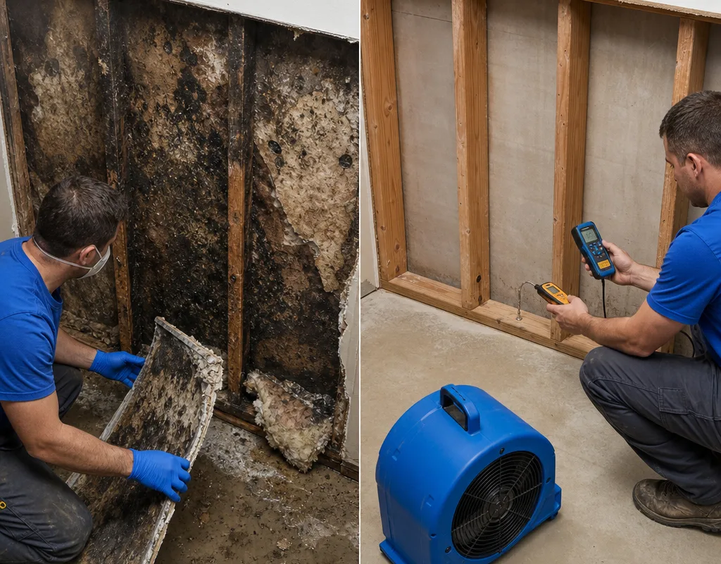 Before and after view showing affected drywall and insulation followed by clean dried framing