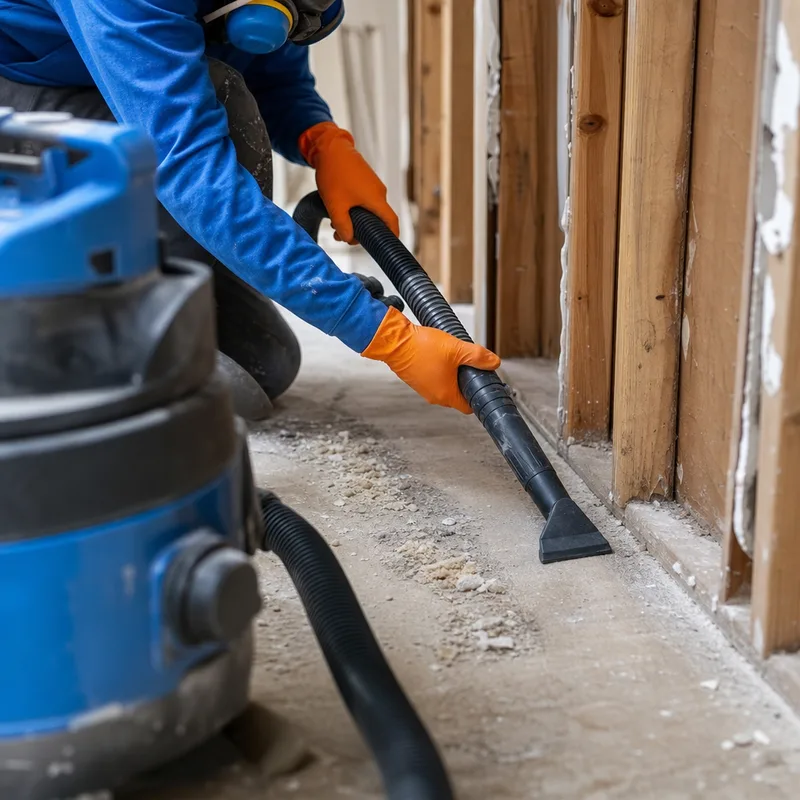 HEPA vacuum cleaning framing and subfloor after controlled drywall removal