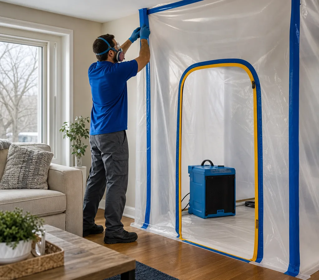 Technician setting up containment and a HEPA air scrubber in a Waukesha residence