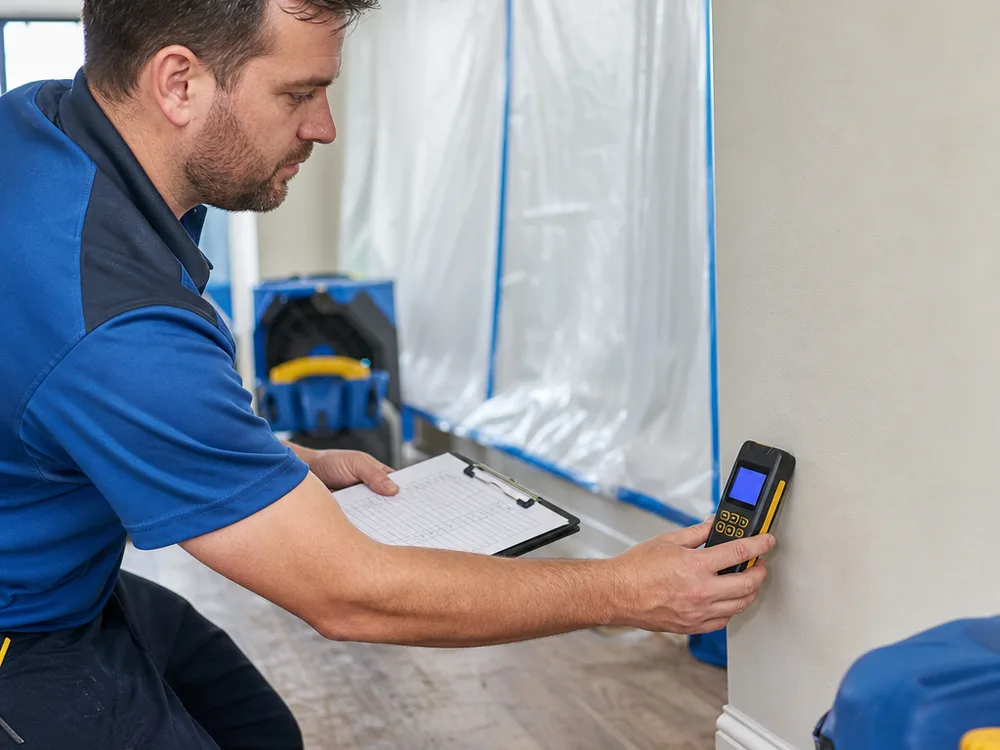 Technician documenting moisture readings near a baseboard inside a contained work area