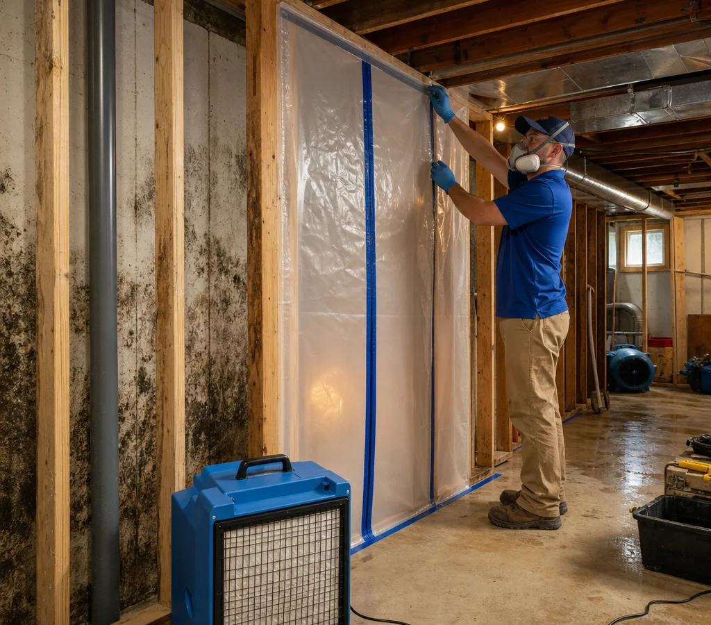 Technician setting up containment and a HEPA air scrubber in a Waukesha-area basement