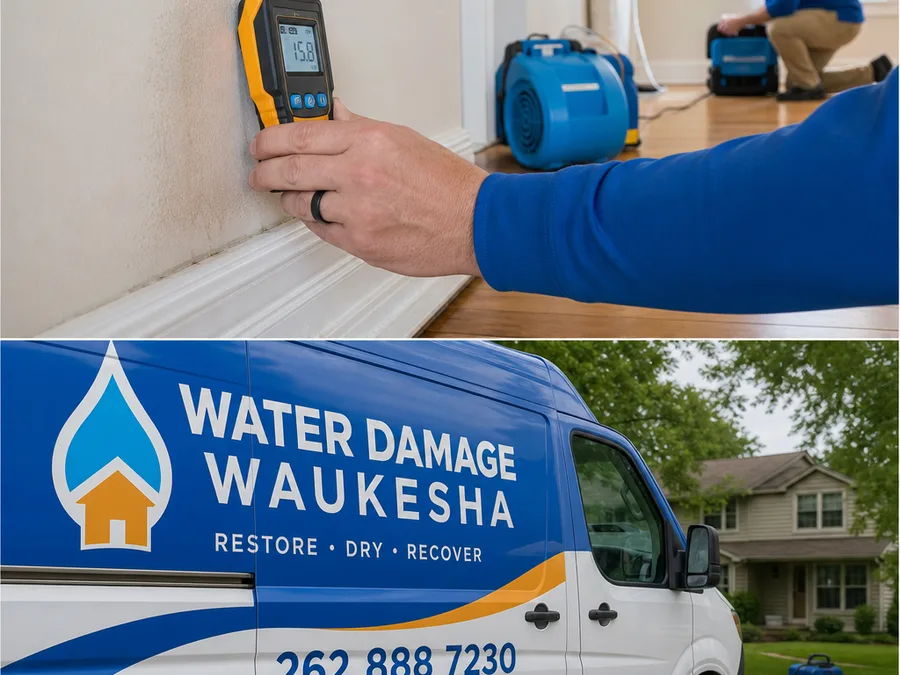 Moisture mapping along a wall and baseboard with drying equipment nearby