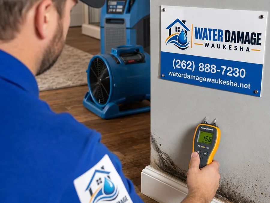 Water damage professional working inside a Waukesha area home