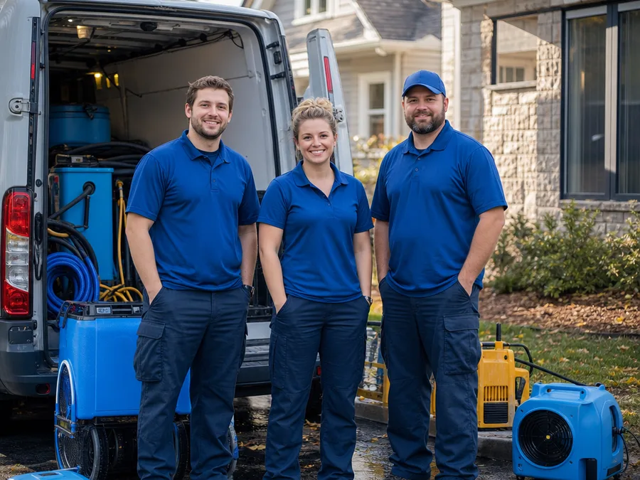 Water damage restoration team beside a service vehicle and drying equipment at a residential property